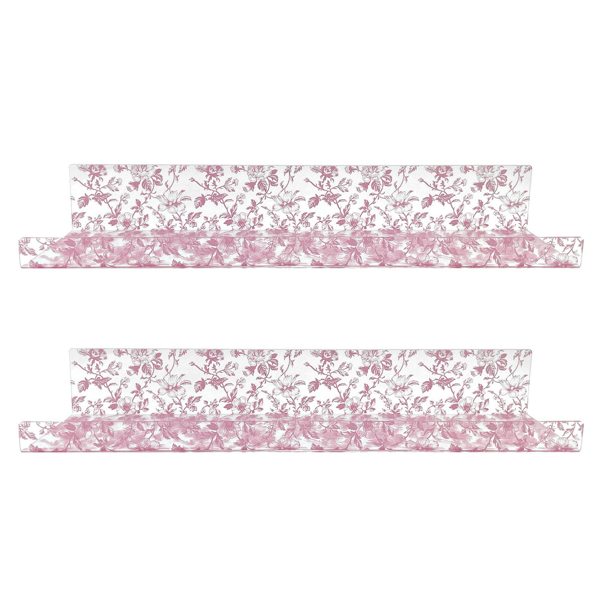 20” Pink Toile Acrylic Floating Wall Shelves, Set of 2 – Decorative Wall Mounted Display Shelves for Nursery, Bedroom, Bathroom & Home Decor