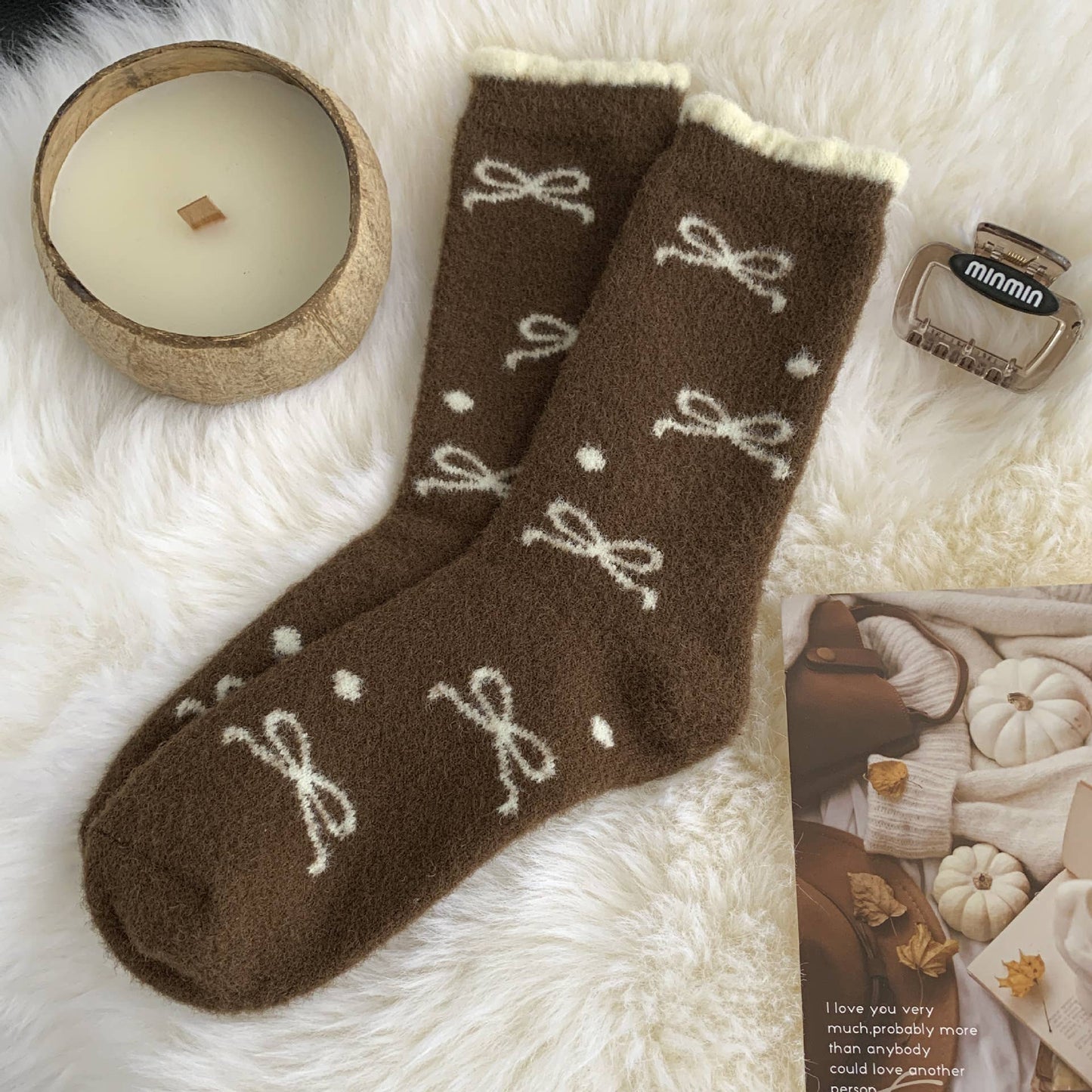 408 Plush Bow Ribbon Soft Warm Socks