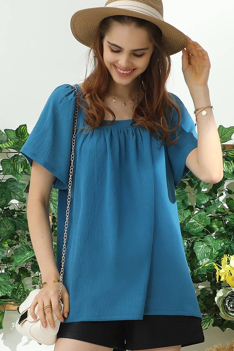 CWTBLS192-P_SQURE NECK RUFFLE NECK SHORT SLEEVE BLOUSES TOP