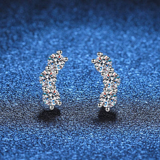 Three-Stone Moissanite Climber Earrings in Sterling Silver