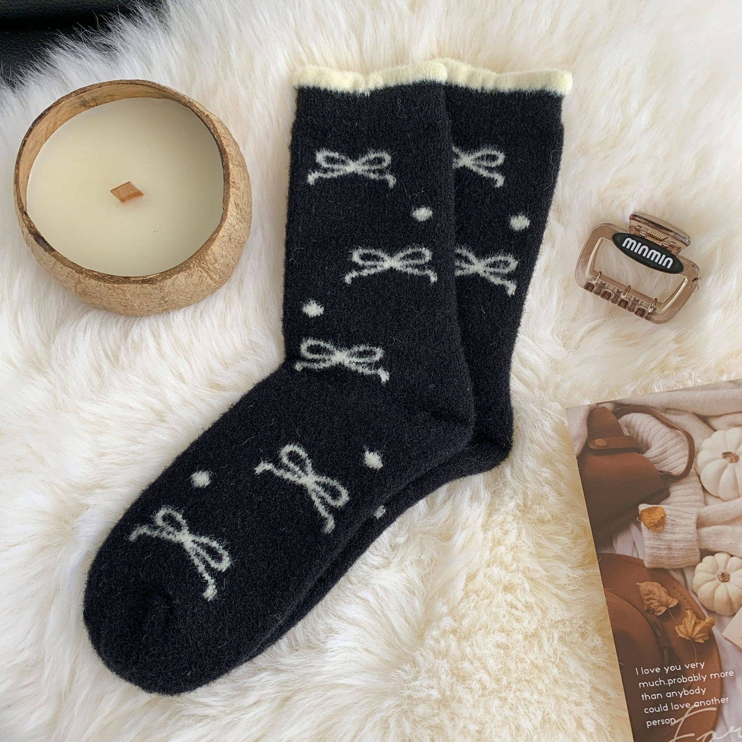 408 Plush Bow Ribbon Soft Warm Socks