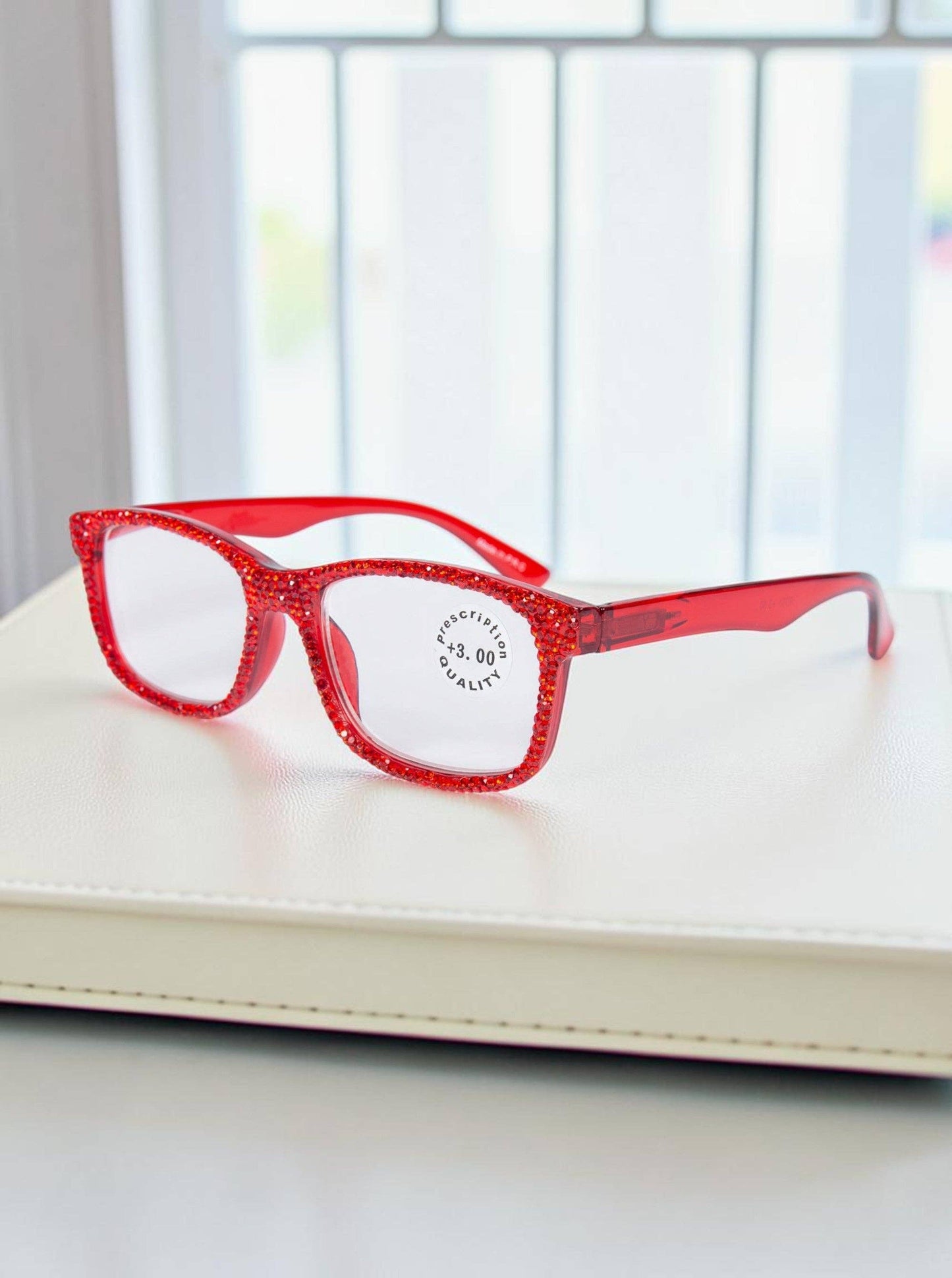 Handmade Rhinestone Rectangle Reader Glasses G0540-Red