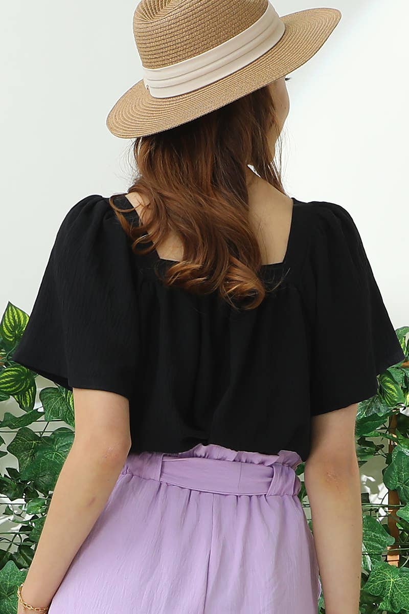 CWTBLS192-P_SQURE NECK RUFFLE NECK SHORT SLEEVE BLOUSES TOP
