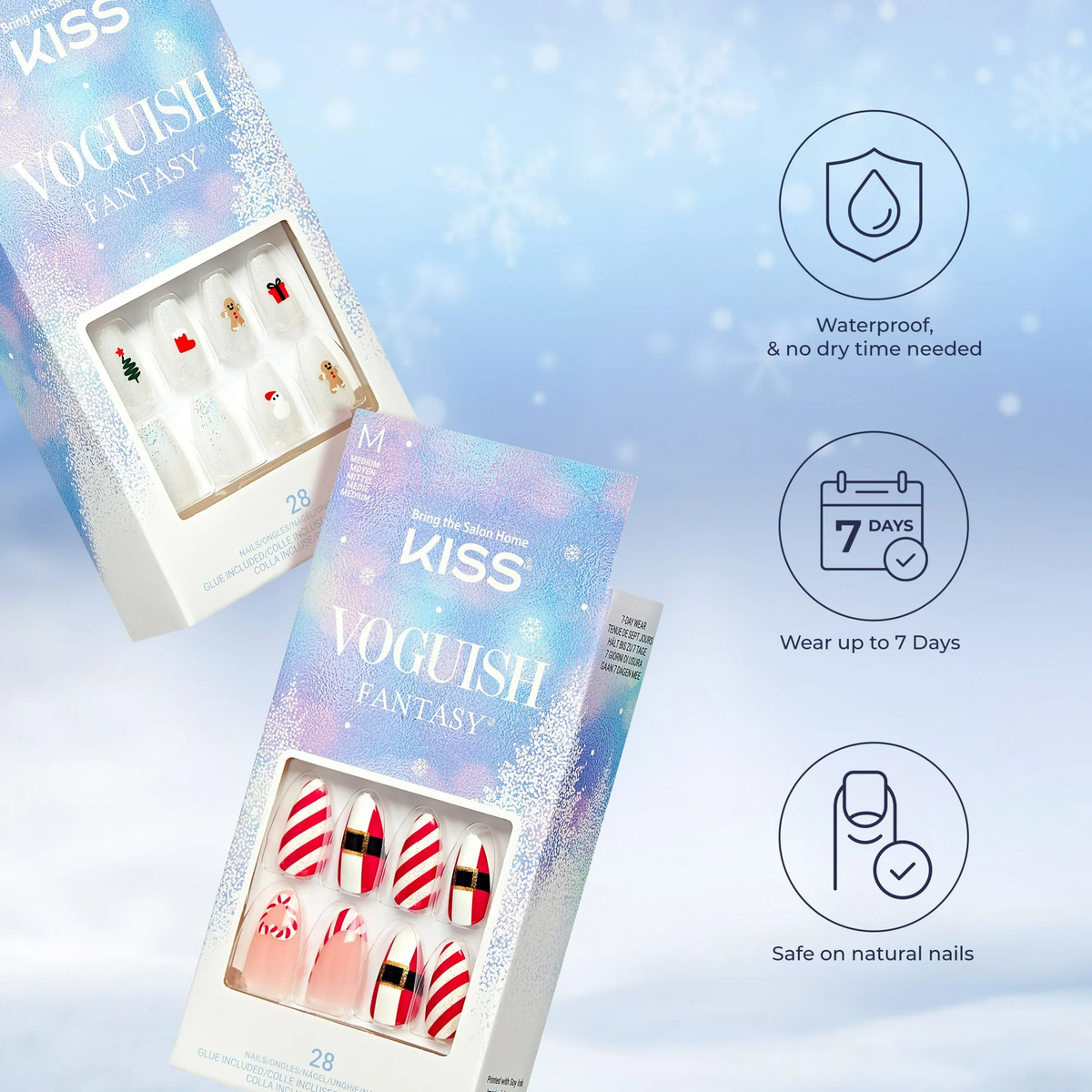 KISS Voguish Fantasy Holiday, Press on Nails, Time with You, Multicolor, Medium Coffin, 28 Count