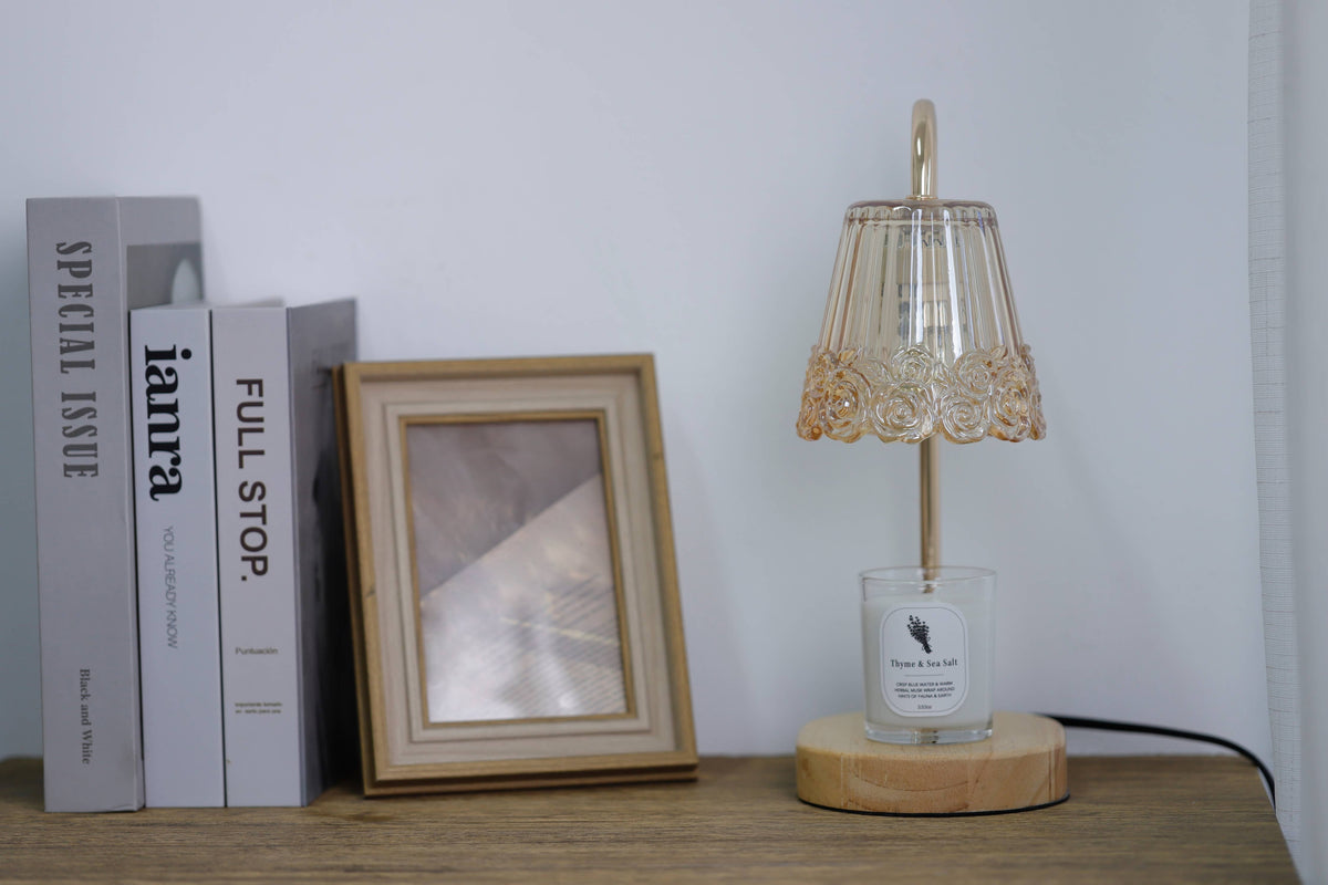 Amber Candle Warmer Lamp + Candle – Light Wood Oval Base