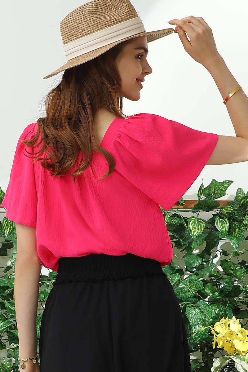 CWTBLS192-P_SQURE NECK RUFFLE NECK SHORT SLEEVE BLOUSES TOP