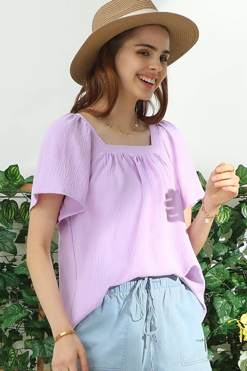CWTBLS192-P_SQURE NECK RUFFLE NECK SHORT SLEEVE BLOUSES TOP
