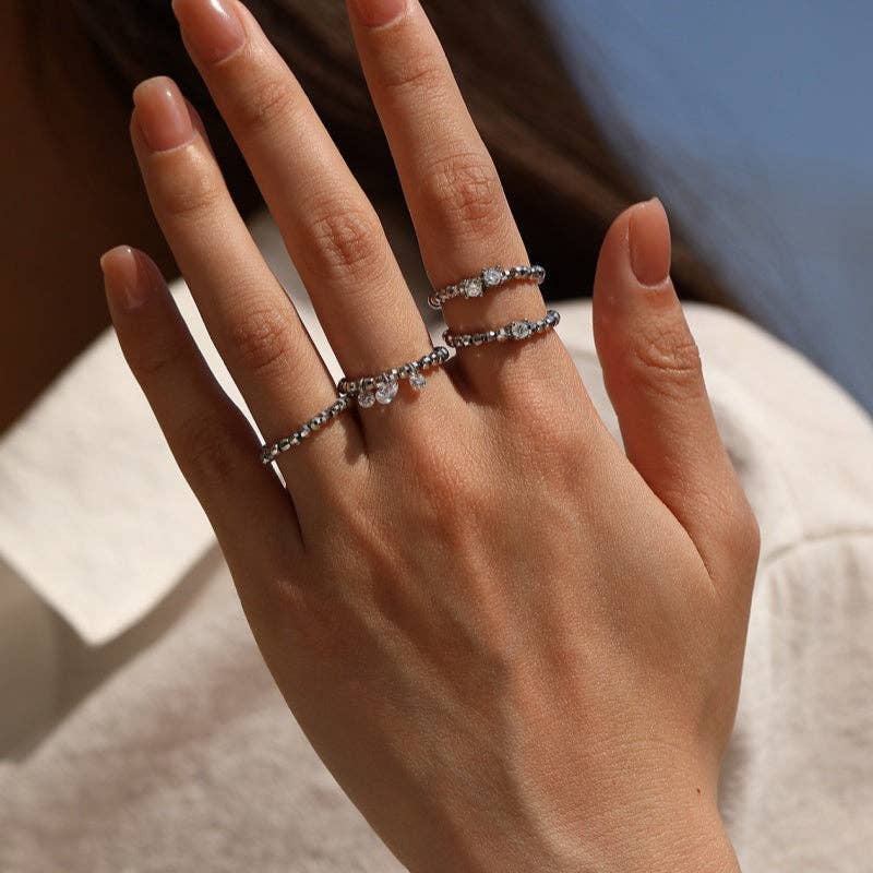 Triple Moissanite Dangle Beaded Ring in 925 Sterling Silver