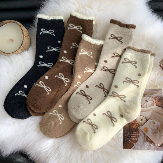 408 Plush Bow Ribbon Soft Warm Socks