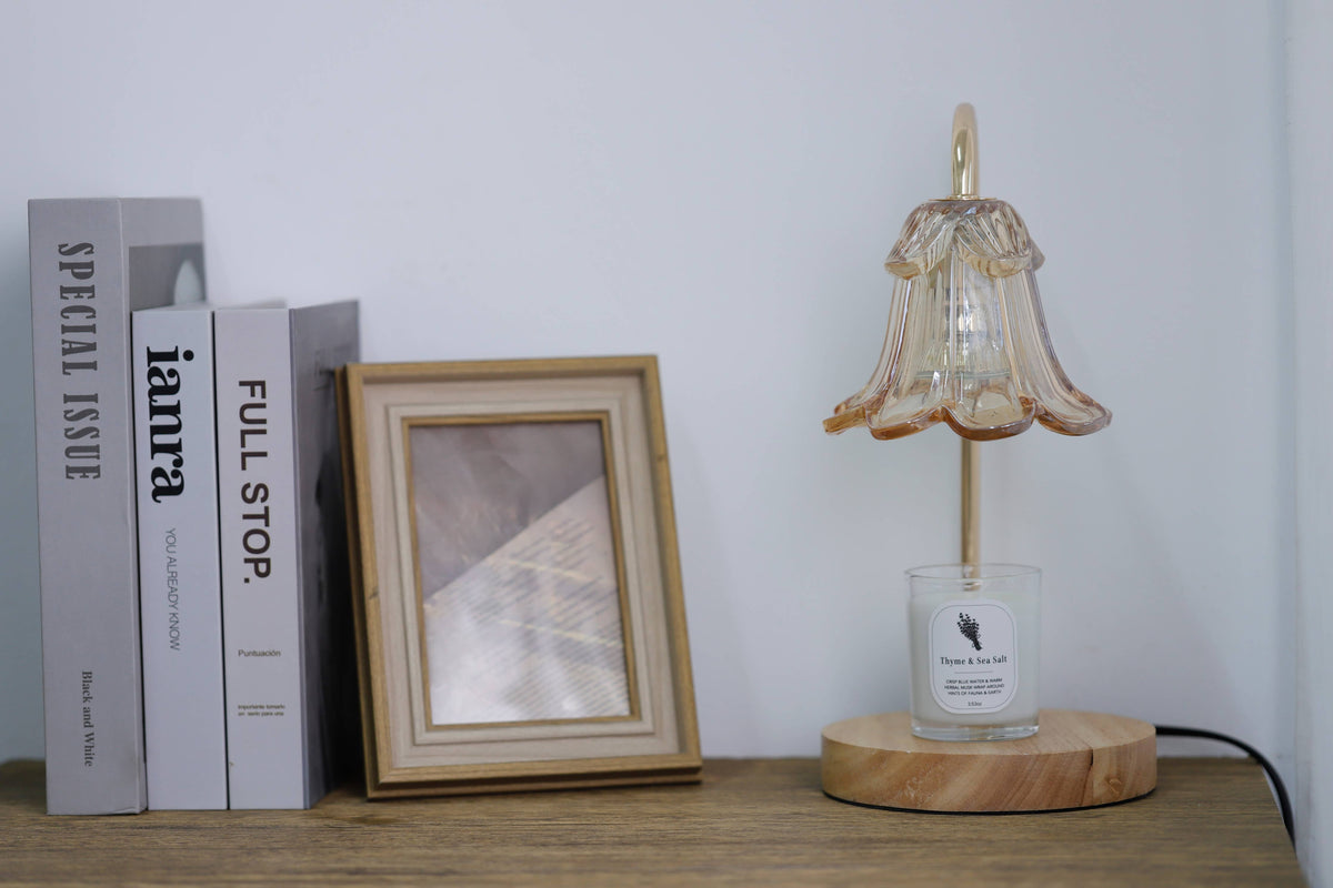 Amber Candle Warmer Lamp + Candle – Light Wood Round Base