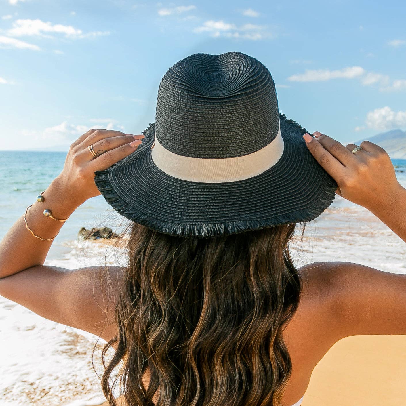 Fray Edge Ribbon Accent Panama Hat
