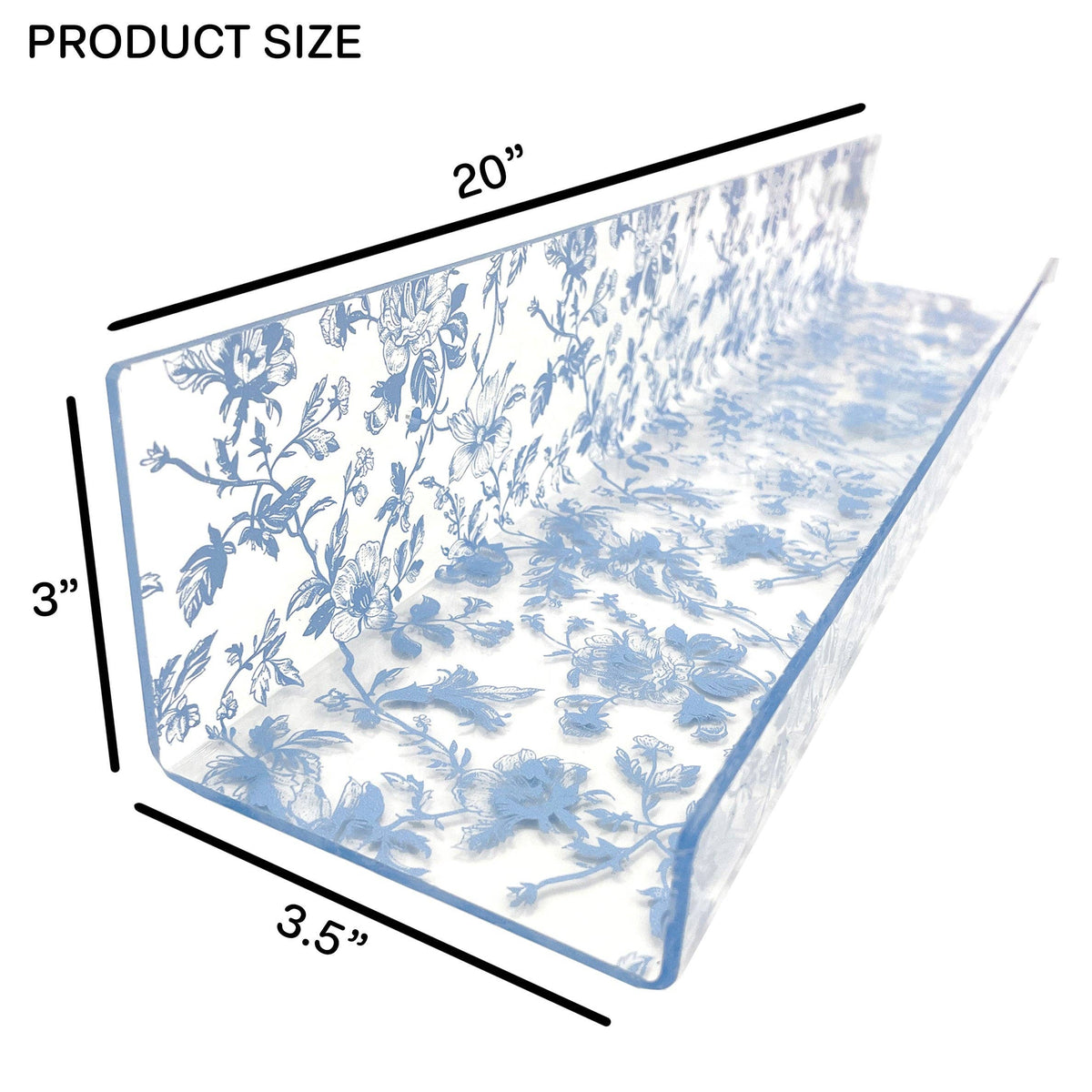 20” Blue Toile Acrylic Floating Wall Shelves, Set of 2 – Decorative Clear Wall Mounted Shelves for Bedroom, Bathroom Storage & Living Room Display
