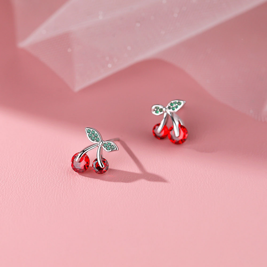 Dainty Tiny Red Cherry Fruit Stud Earrings in Solid Copper