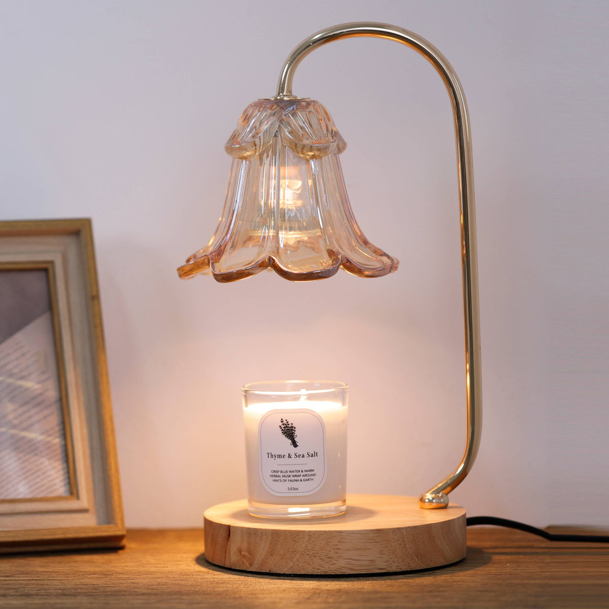 Amber Candle Warmer Lamp + Candle – Light Wood Round Base