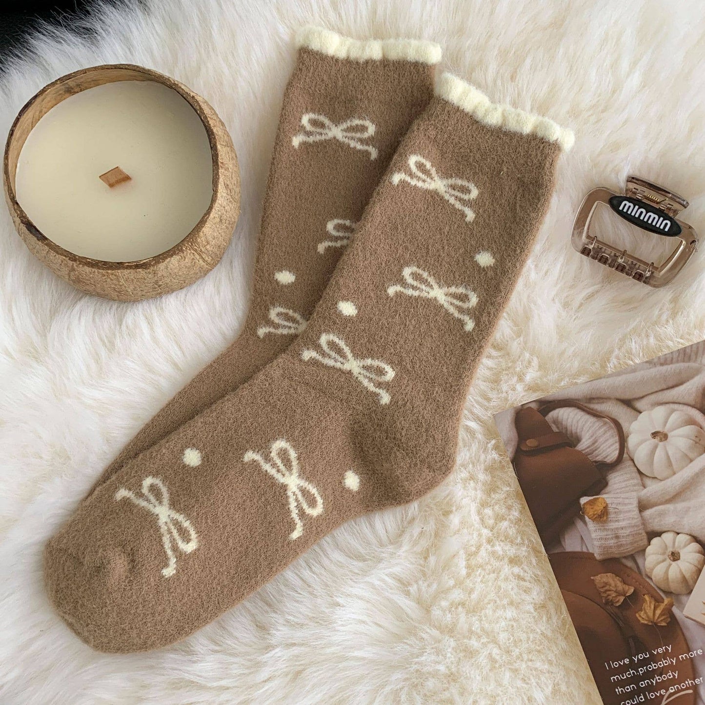 408 Plush Bow Ribbon Soft Warm Socks