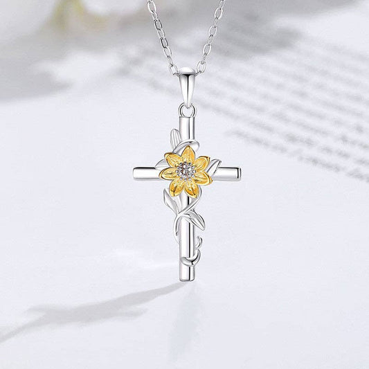 357 Gold Sunflower Cross Pendant Necklace in 925 Sterling Silver