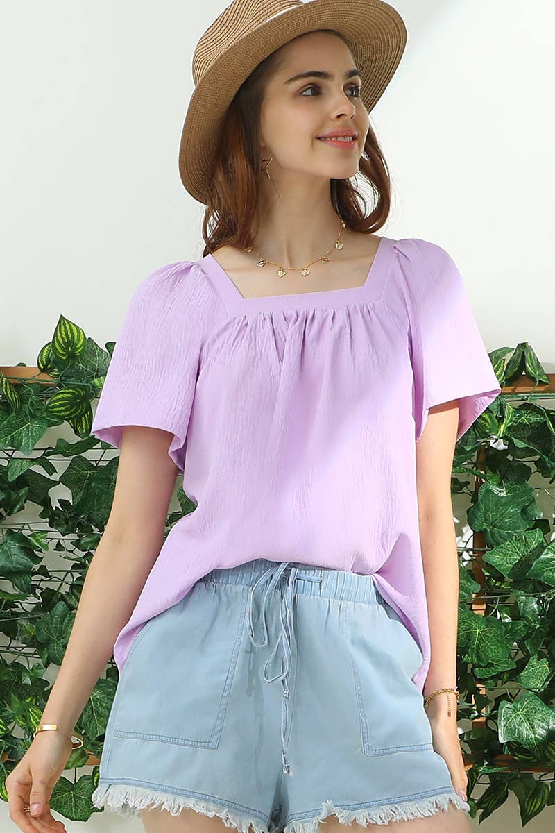 CWTBLS192-P_SQURE NECK RUFFLE NECK SHORT SLEEVE BLOUSES TOP
