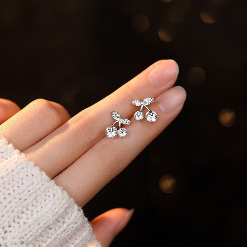 Dainty Tiny Red Cherry Fruit Stud Earrings in Solid Copper