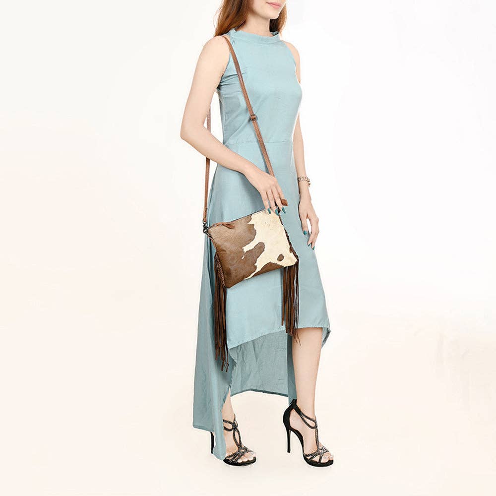 ADBG109 American Darling Hair-On Cowhide Western Crossbody Bag with Leather Fringe Detail