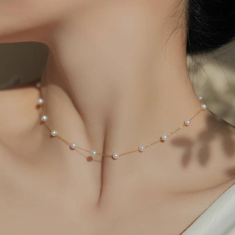 Minimalist Pearl Station Necklace in 925 Sterling Silver