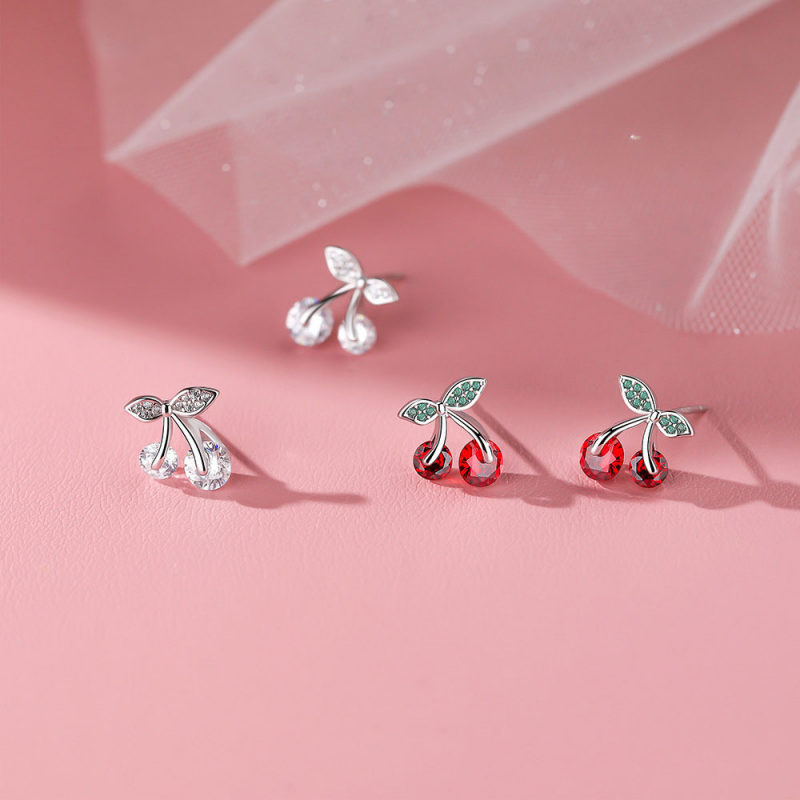 Dainty Tiny Red Cherry Fruit Stud Earrings in Solid Copper