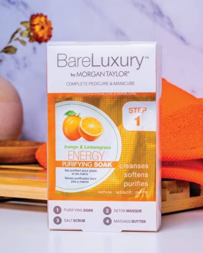 Morgan Taylor BareLuxury 4-Step Complete Pedicure & Manicure Packs - Complete Nail Care Kit with Soak, Masque, Scrub & Massage Butter, Professional Spa-Quality Treatments (Energy Orange & Lemongrass)