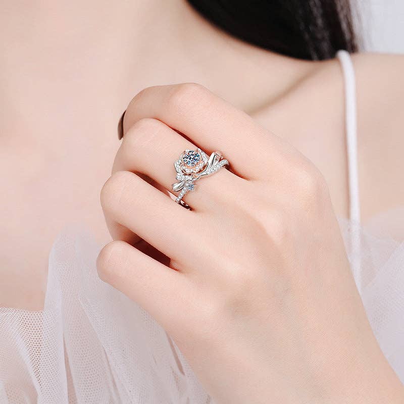 Moissanite Rose Flower Engagement Ring in Sterling Silver