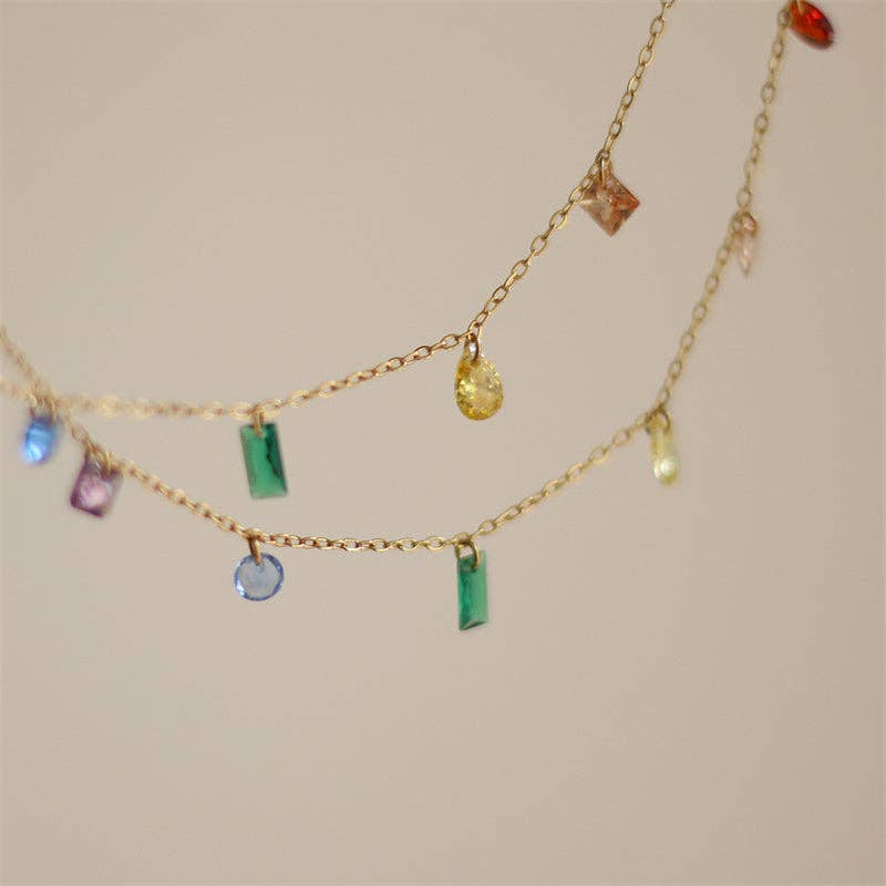 Rainbow Color Gemstone Charm Necklace in Stainless Steel