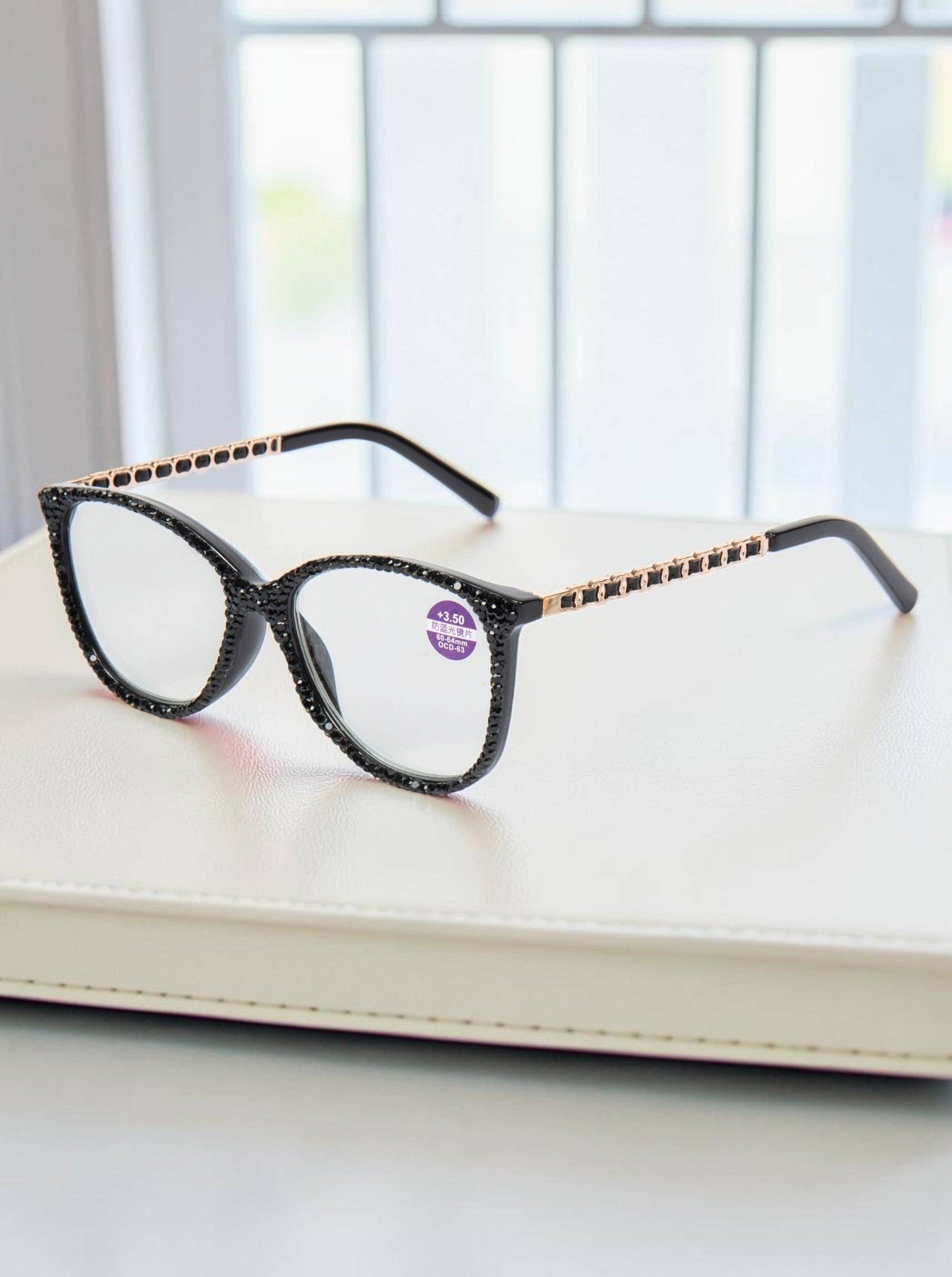 Handmade  Rhinestone Rectangle Reader Glasses G0542 - Black