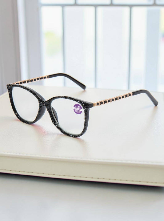 Handmade  Rhinestone Rectangle Reader Glasses G0542 - Black