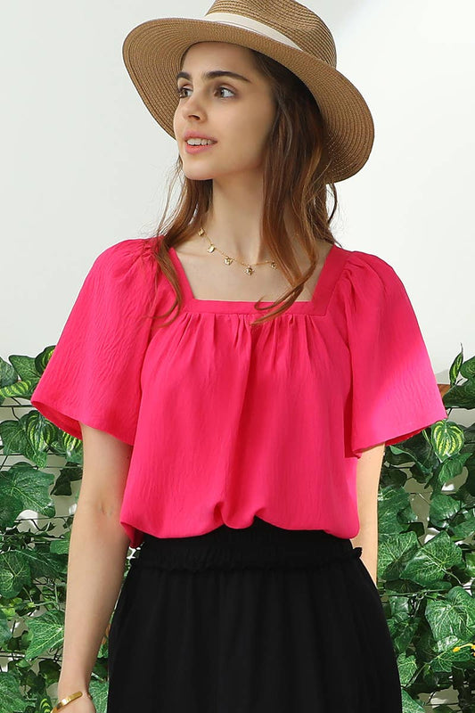 CWTBLS192-P_SQURE NECK RUFFLE NECK SHORT SLEEVE BLOUSES TOP