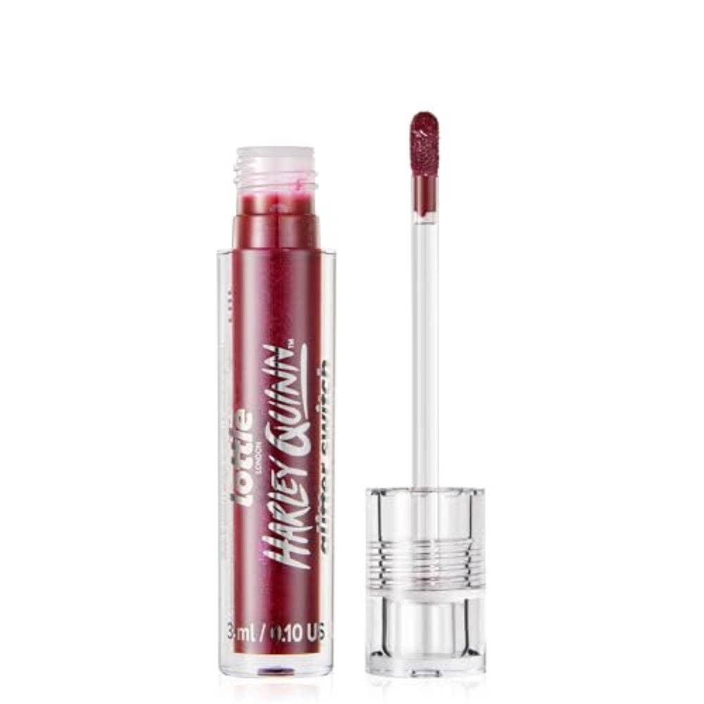 Lottie London x Harley Quinn Transforming Liquid Lipstick in Killin It, Transforming liquid lipstick with a metallic glitter finish in a deep berry shade
