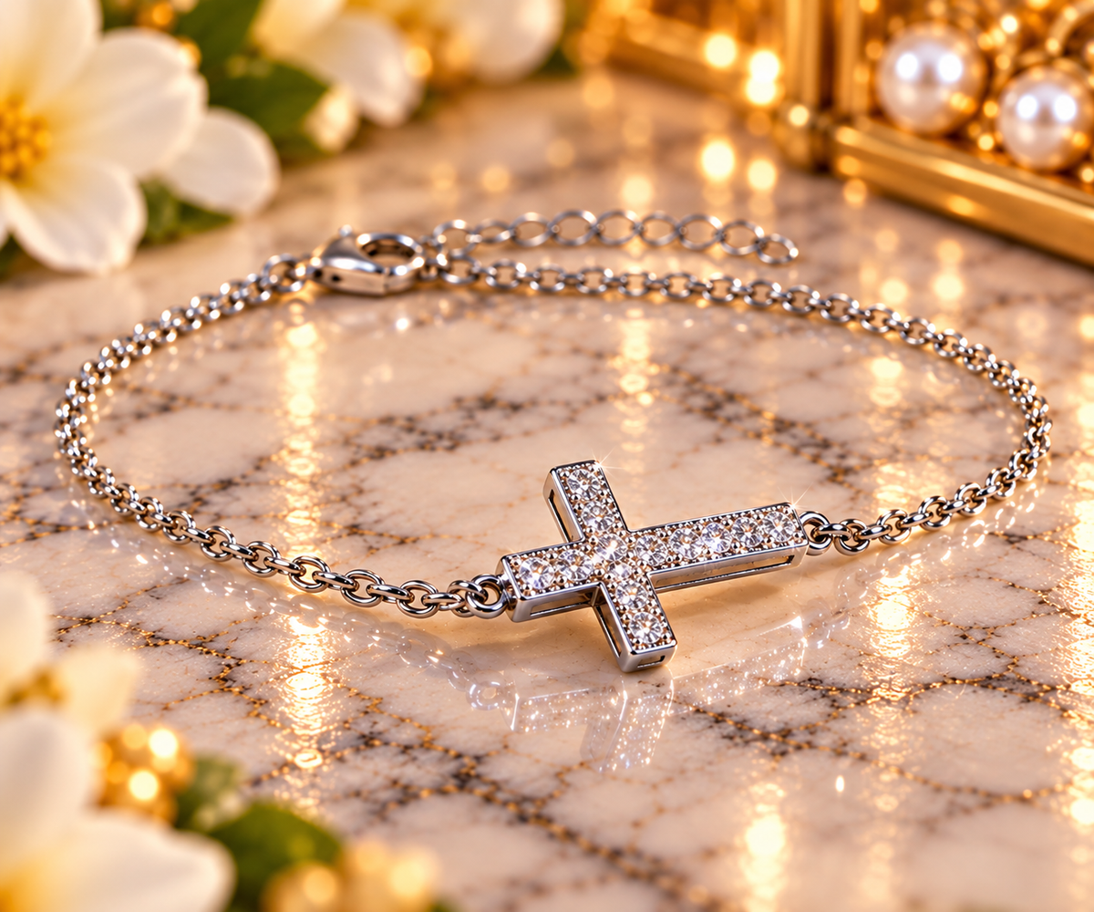 #1167-D-Color VVS Moissanite Sideways Cross Bracelet – Rhodium-Plated .925 Sterling Silver