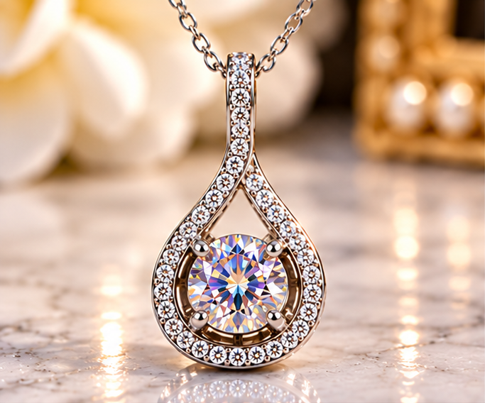 #1142- 1 CTW VVS Iridescent Yellow Moissanite Halo Pendant – .925 Sterling Silver