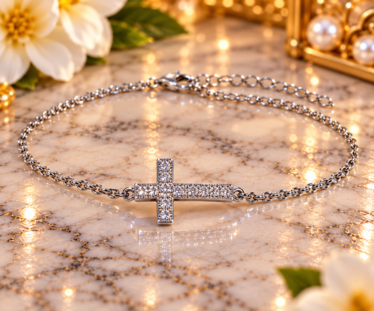 #1167-D-Color VVS Moissanite Sideways Cross Bracelet – Rhodium-Plated .925 Sterling Silver