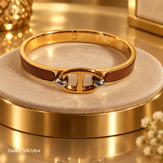 #260- 18K Yellow Gold Filled Brown Equestrian-Inspired Hinged Bangle Bracelet