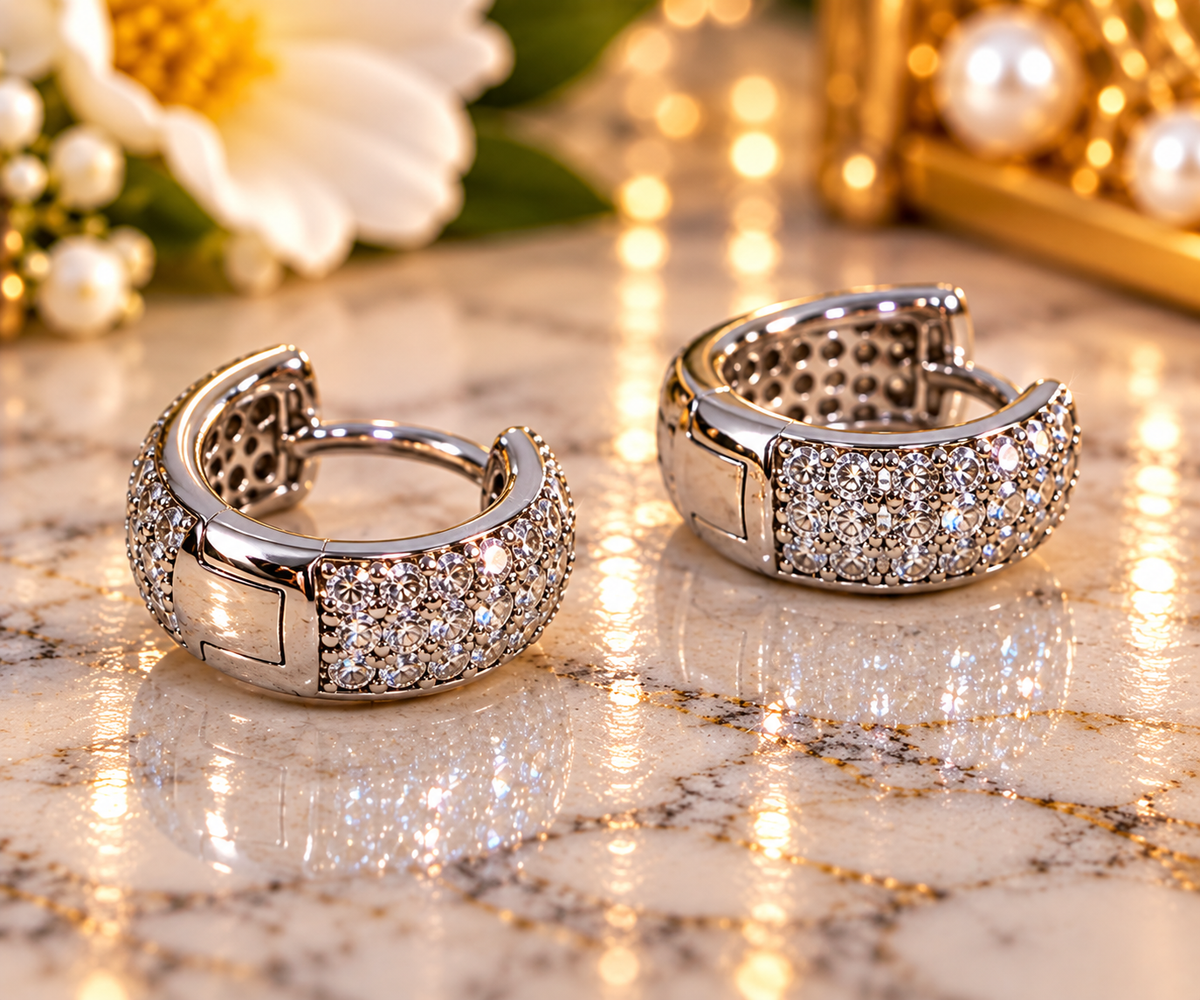 #1158- 0.56 CTW Moissanite Pavé Huggie Hoop Earrings – .925 Sterling Silver