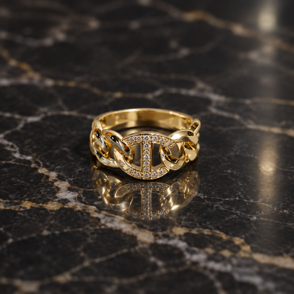 #105- 18K Yellow Gold Filled CZ Chain-Link Ring – Size 8