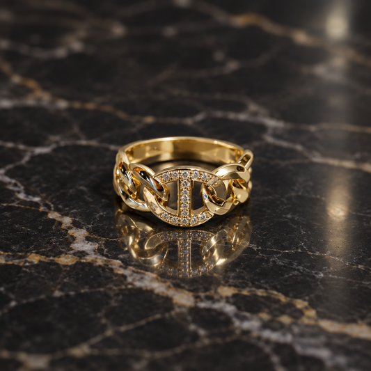 #105- 18K Yellow Gold Filled CZ Chain-Link Ring – Size 8