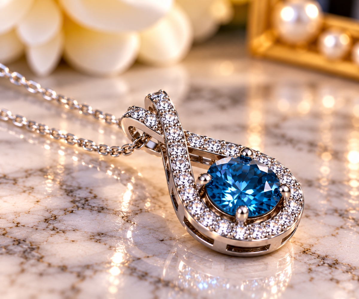 #1143-1 CTW Light Blue VVS Moissanite Infinity Halo Pendant – .925 Sterling Silver
