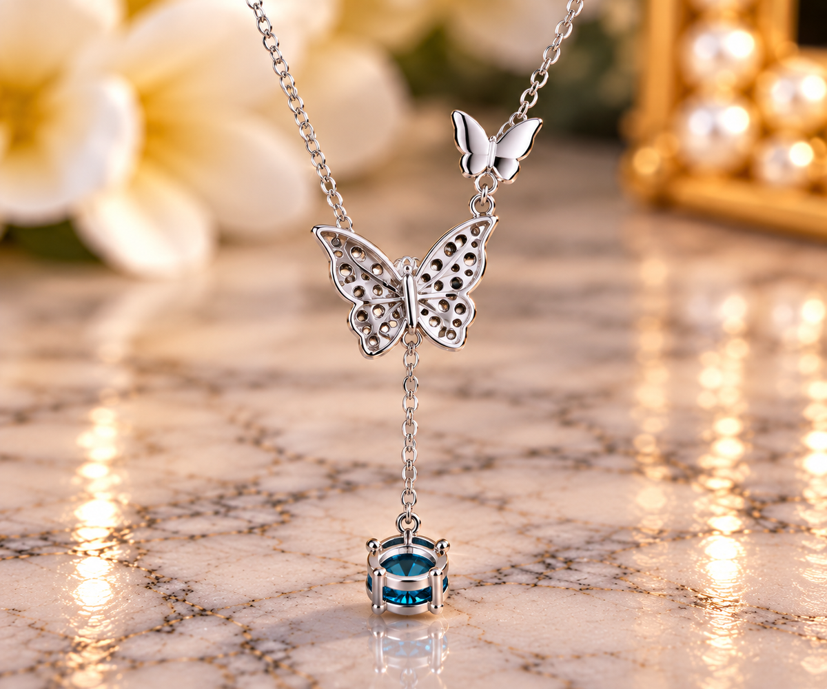 #134-1CTW Blue Topaz Color Moissanite Butterfly Lariat Y-Necklace – .925 Sterling Silver