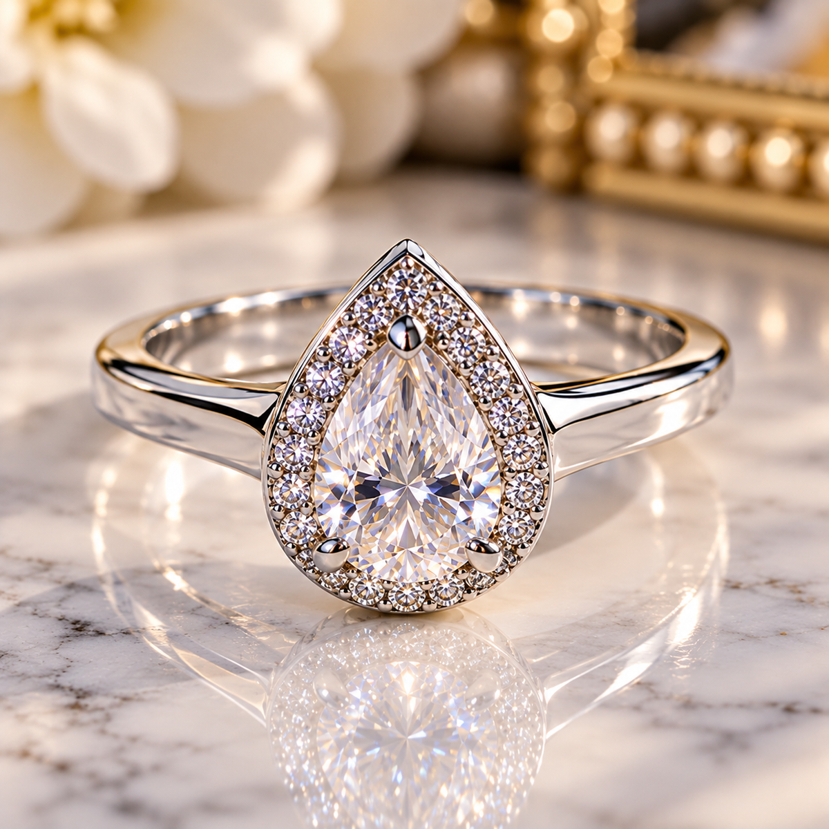 #505 - 1.23 CTW VVS D Color Pear-Cut Moissanite Halo Ring – .925 Sterling Silver – Size 8