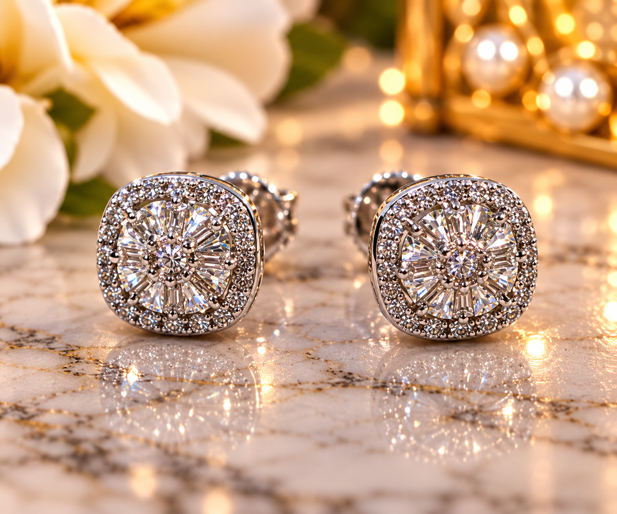 #124- 1.00 CTW VVS Moissanite Cushion Halo Stud Earrings – .925 Sterling Silver