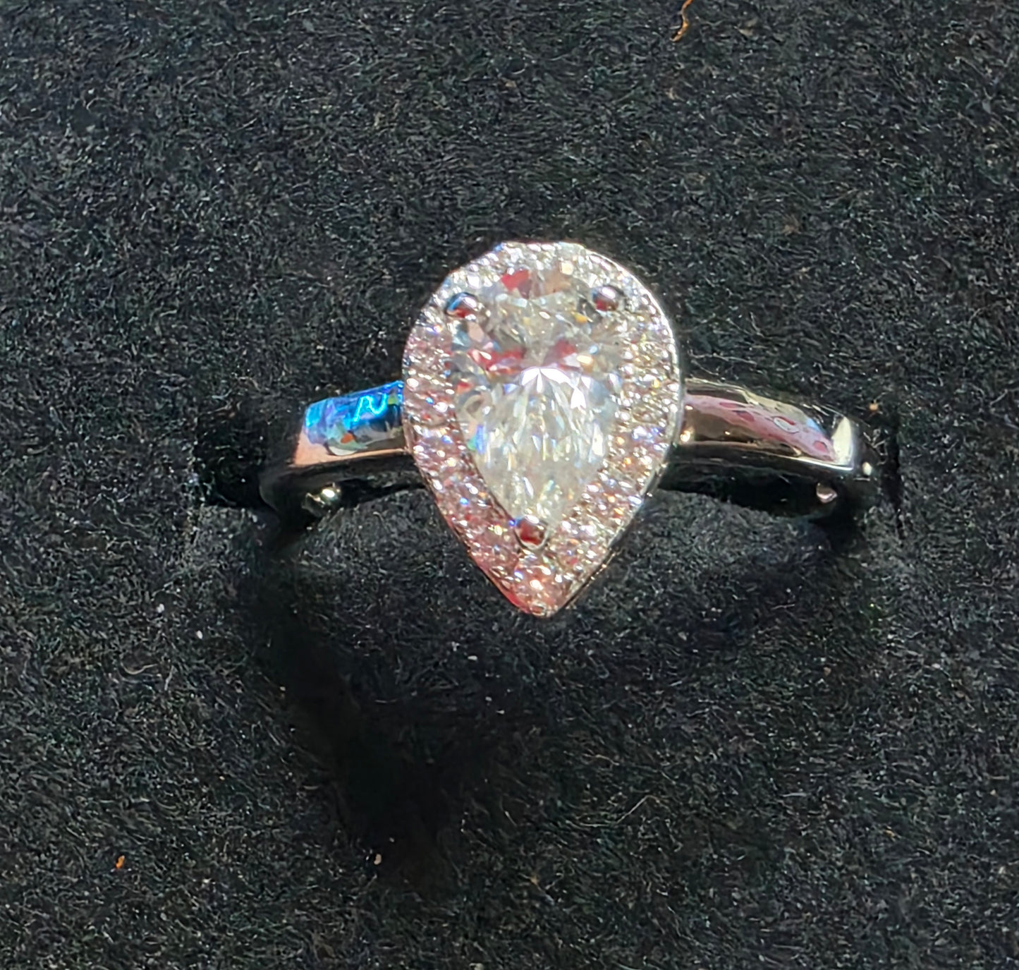 489 Moissanite 1.23ctw VVS D color .925ss Size 8 Pear Halo Ring