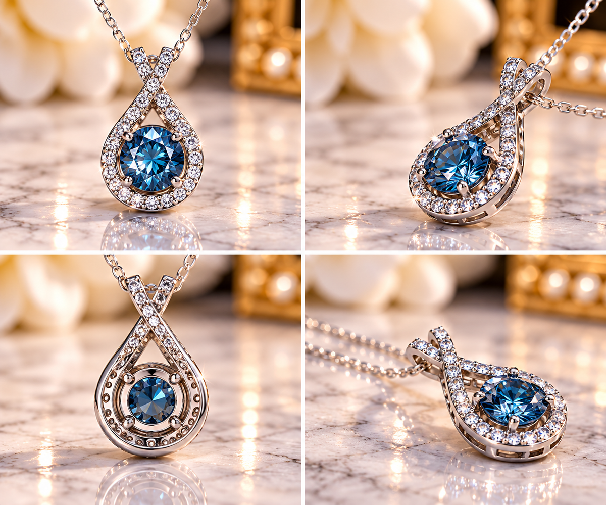 #1143-1 CTW Light Blue VVS Moissanite Infinity Halo Pendant – .925 Sterling Silver