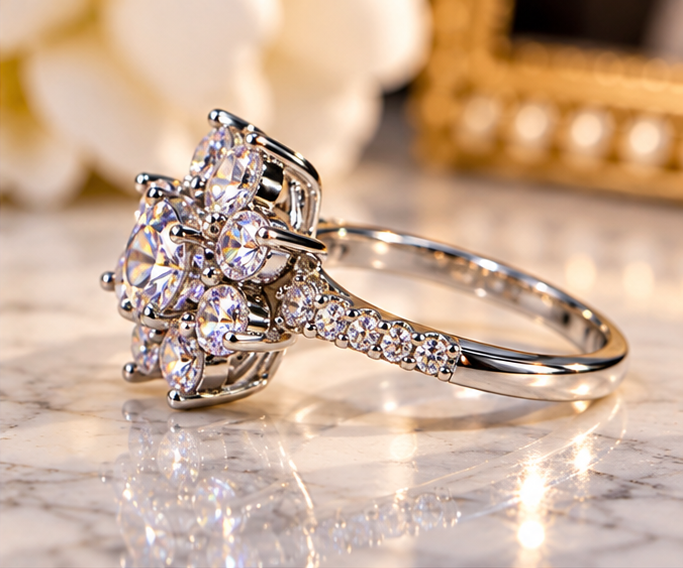 #84- 0.80 CTW Moissanite Natural Zircon Floral Ring | 925 Sterling Silver Size 9