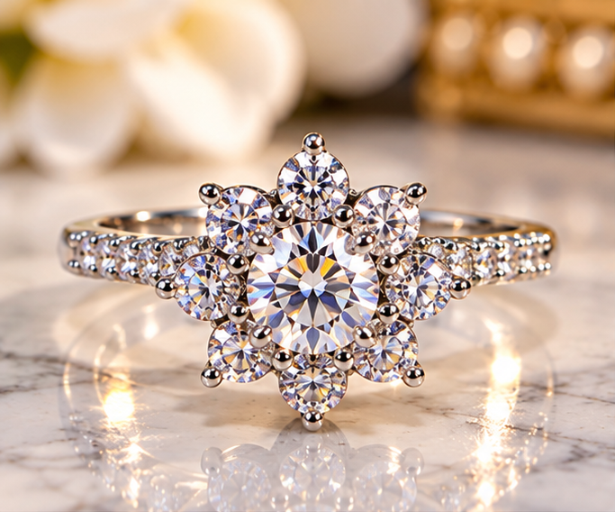 #84- 0.80 CTW Moissanite Natural Zircon Floral Ring | 925 Sterling Silver Size 9