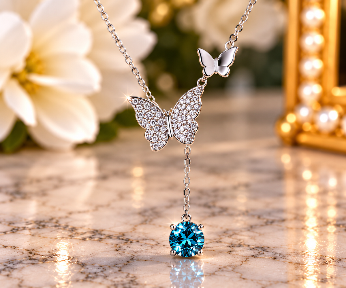 #134-1CTW Blue Topaz Color Moissanite Butterfly Lariat Y-Necklace – .925 Sterling Silver