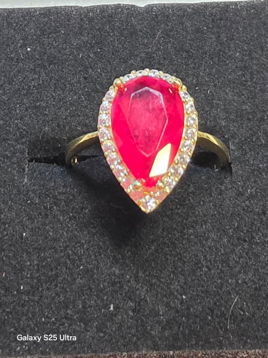 1011 Pear shape Red Ruby opaque stone cz Halo in 14K YG over .925ss Sz 8 Ring
