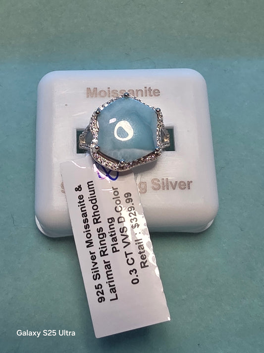 48 Larimar & .30ct Moissanite. 925 Rhodium Plated sz 8 Ring.